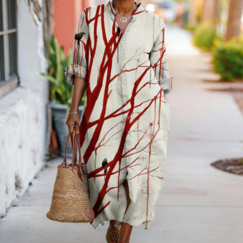 Tree Branch Print Button-Down Maxi Dress With Pockets