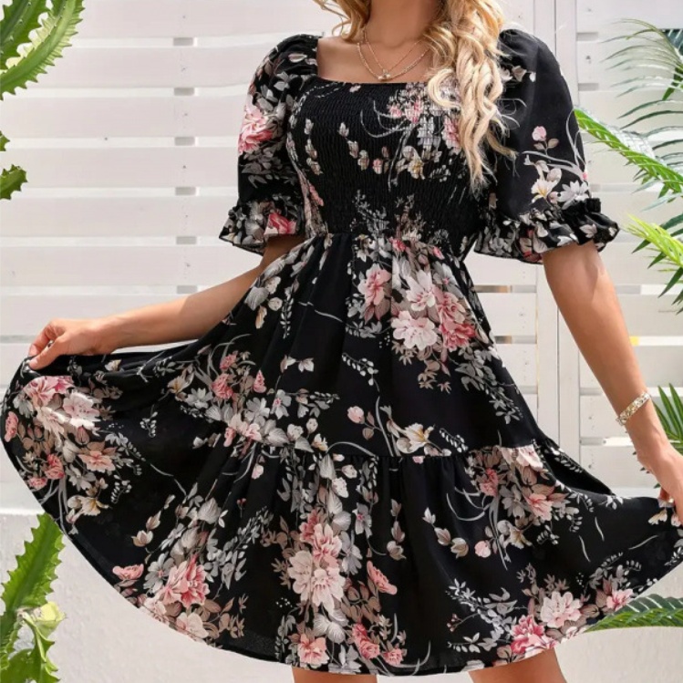 Floral-print Princess-sleeve Dress For Women