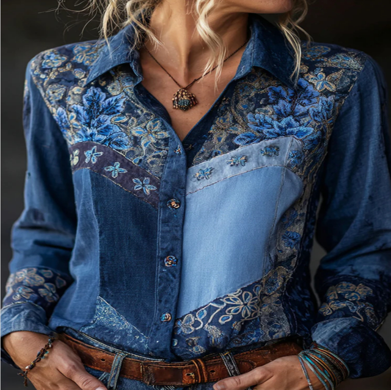 European And American Womens Shirts AutumnWinter Retro Floral Print Long-Sleeve Shirt