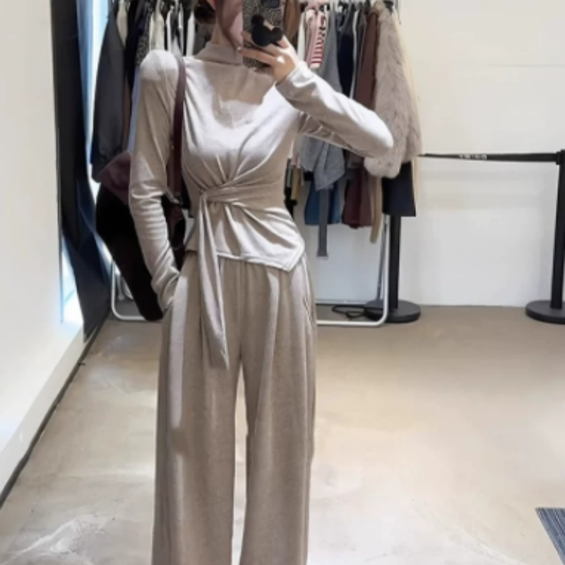 Design-inspired Strap-wrapped Fitted Long-sleeved Top With Wide-leg Pants Set