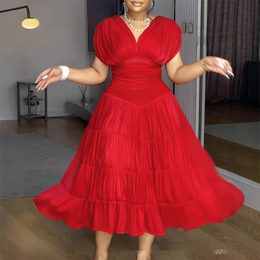 Red V-neck Sleeveless Waist-cinching Long Dress