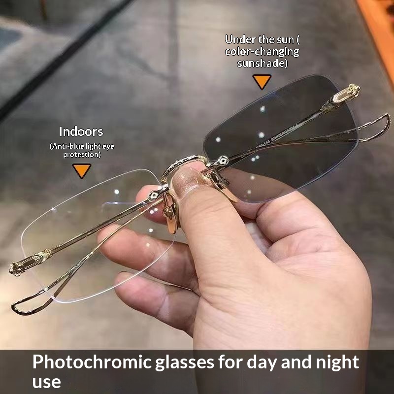Same-style Color-changing Ultra-light Rimless Fashionable Vintage Myopia Eyeglass Frame For Men