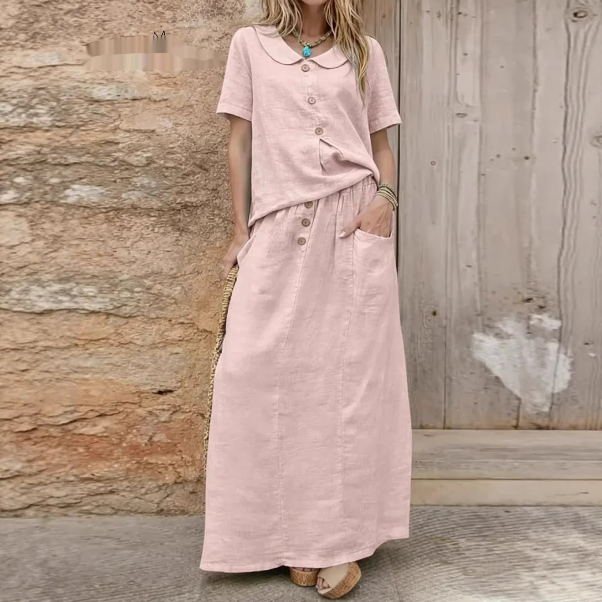 Womens Casual Solid-Colored Cotton-Linen Loose Two-Piece Skirt Set