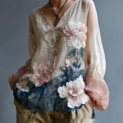 Women's Floral Print V-Neck Long Sleeve