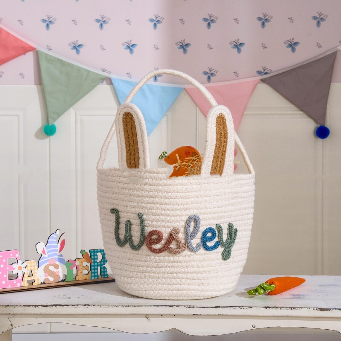 Easter Gift Basket With Hand-woven Rabbit Ears Storage Basket