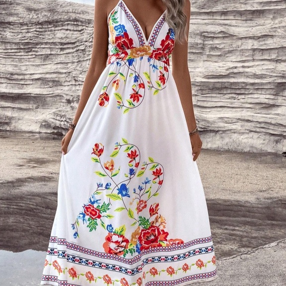 European And American Floral Print V-Neck Slip Dress