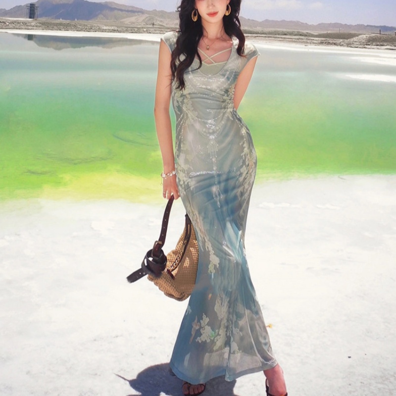 Green Sculptural Floral Print Two-Piece V-Neck Short-Sleeve Dress