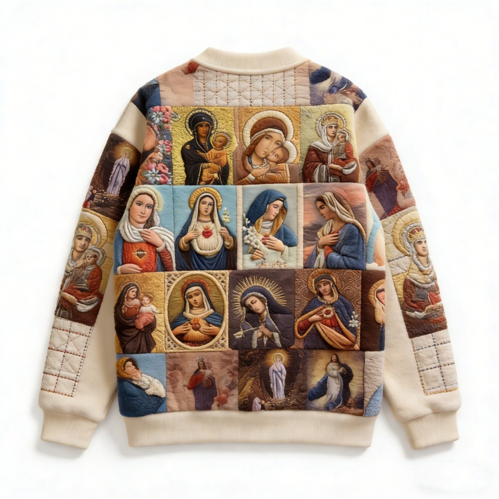 Mens Loose-Fit Hoodless Sweatshirt With Virgin Mary Print And Crew Neck