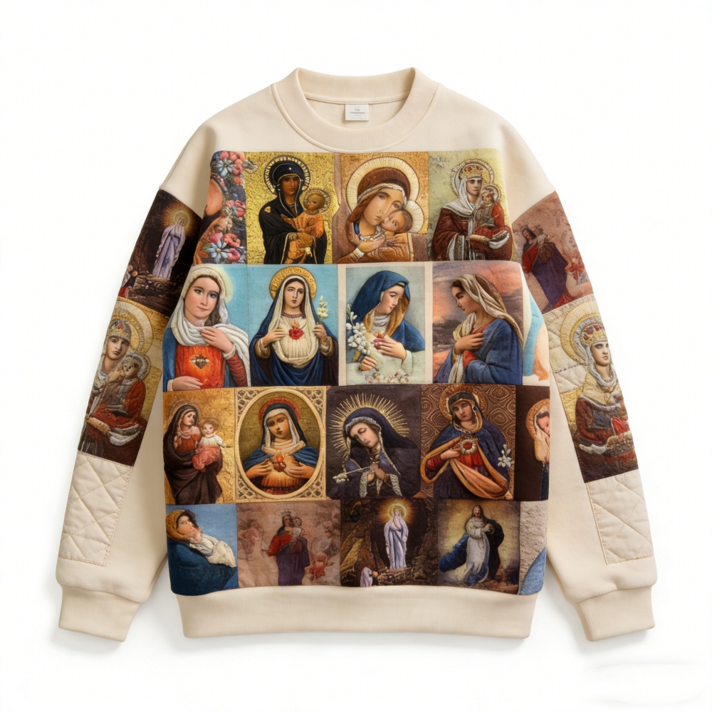 Mens Loose-Fit Hoodless Sweatshirt With Virgin Mary Print And Crew Neck
