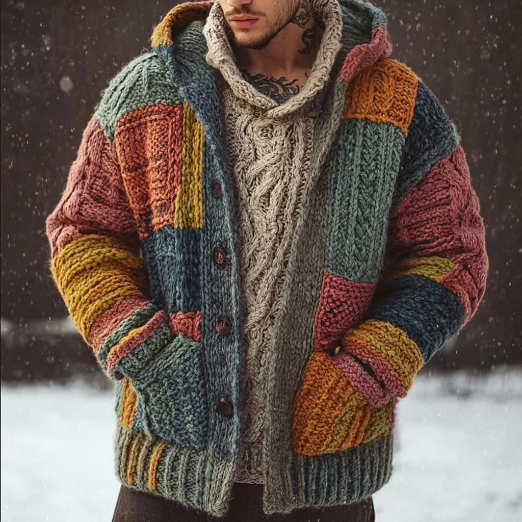 Printed Abstract Mid-Length Cape Jacket Casual Mens Cardigan