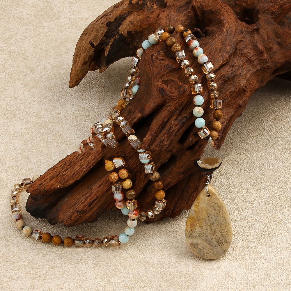 6mm Natural Stone Glass Knotted Necklace Sweater Chain