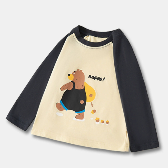 Children's Pure Cotton Long-sleeve T-shirt Crew-neck Top Cartoon Pullover With Set-in Sleeves