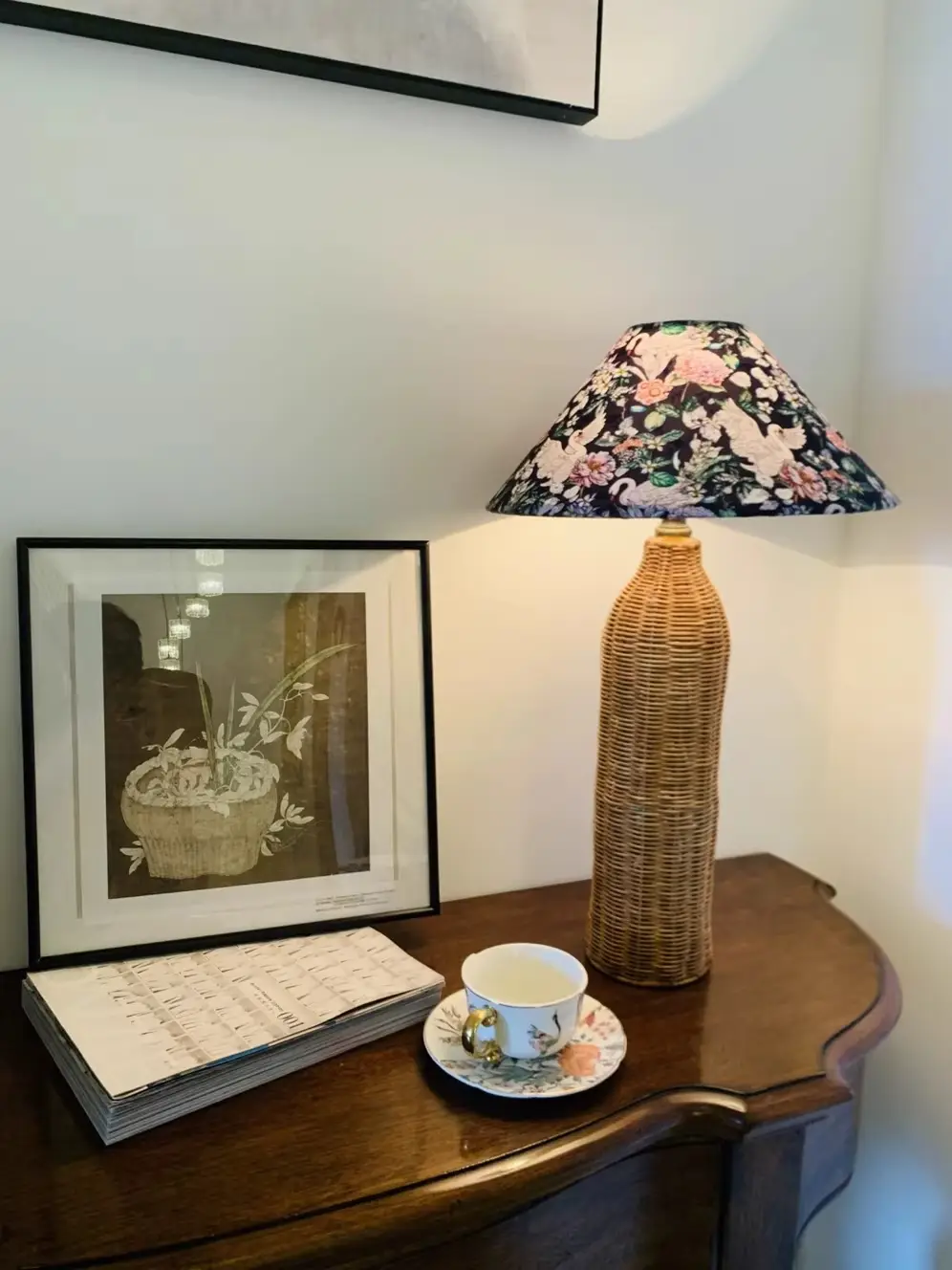 French-style Hotel Rattan-woven Printed Fabric Table Lamp