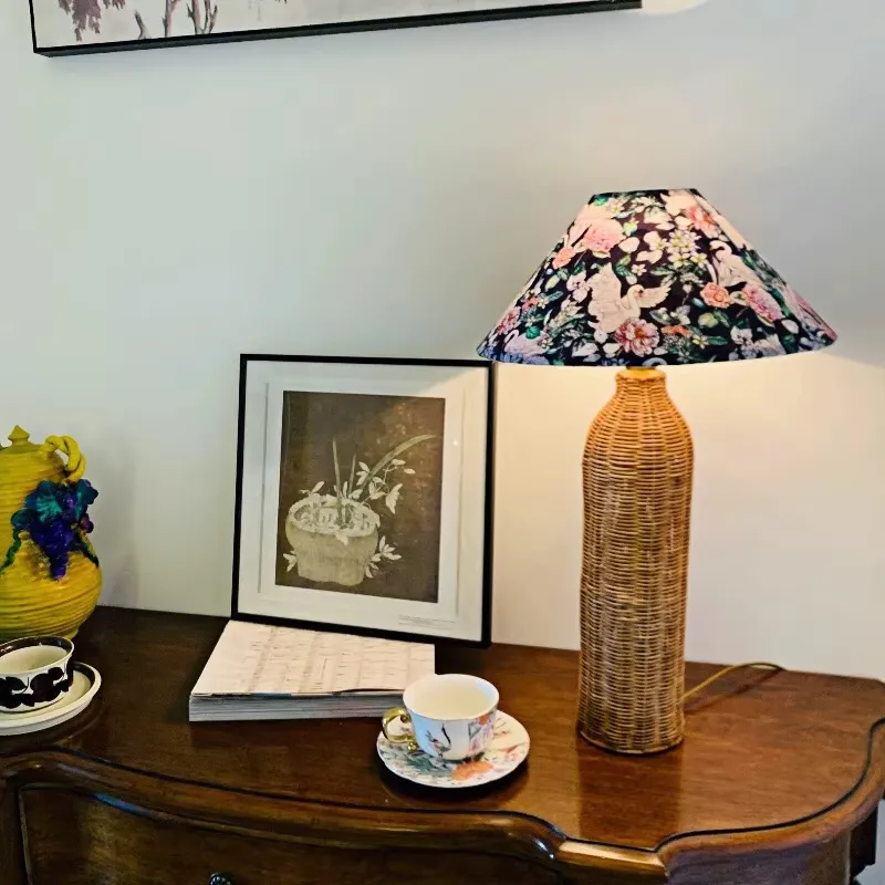 French-style Hotel Rattan-woven Printed Fabric Table Lamp