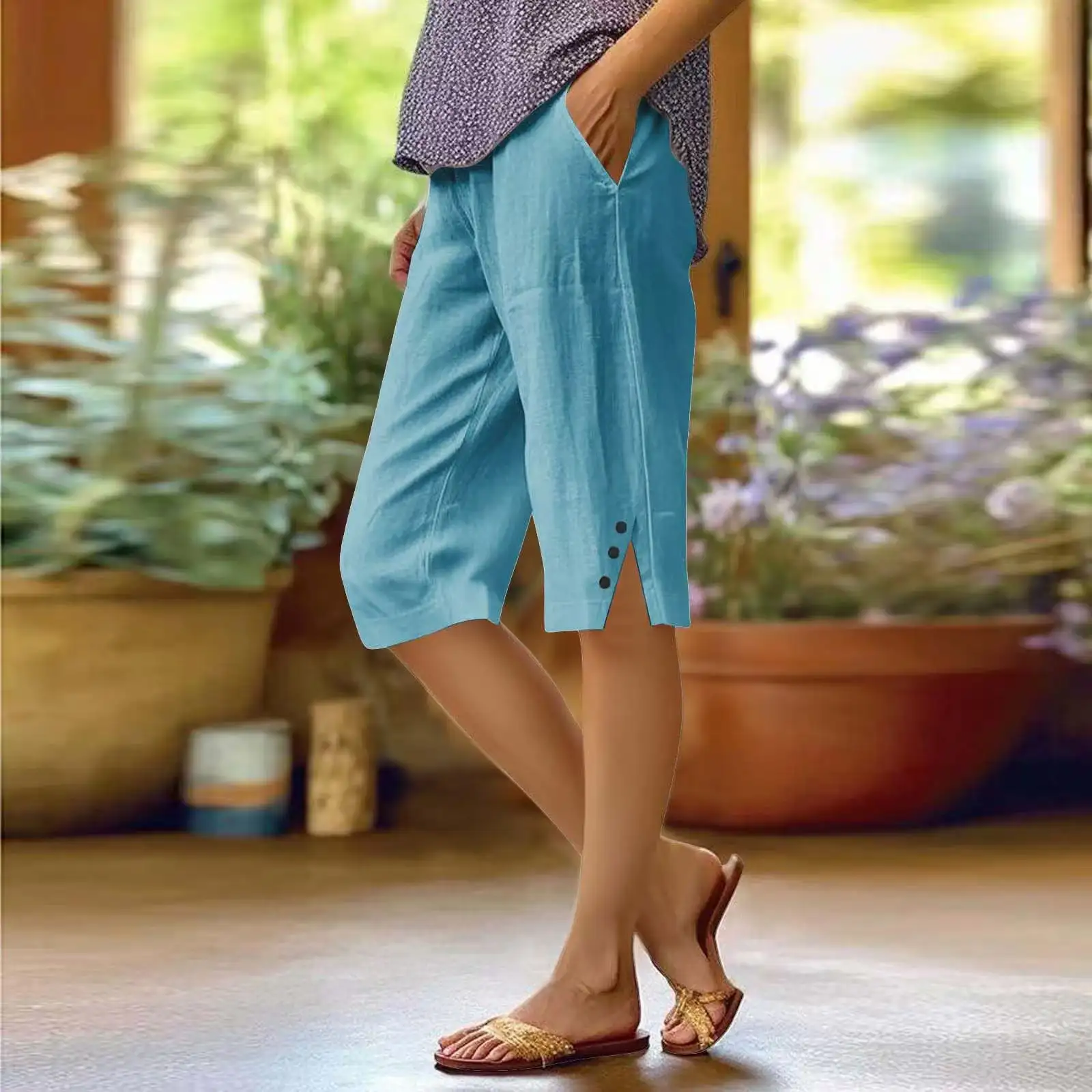 New Women's Casual Loose-fitting Cotton Linen Elastic Waist Casual Pants With Pockets
