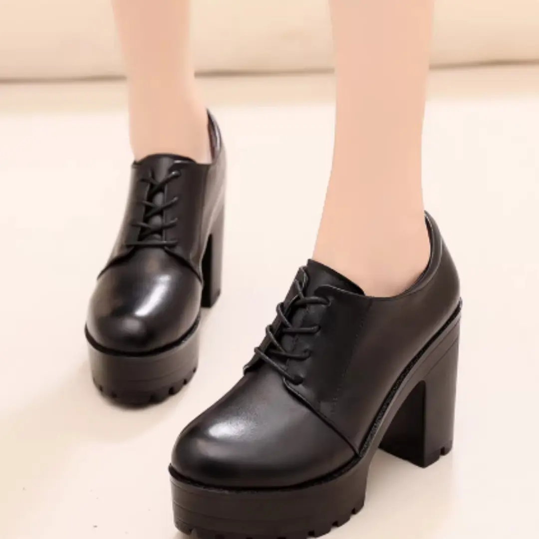 Genuine Leather Platform Round Toe Deep-cut Single Shoes For Autumn And Winter With Laces