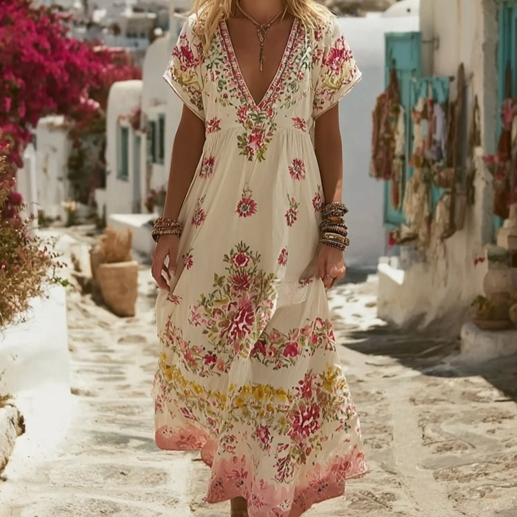 Womens Retro Bohemian Rose Embroidered Dress