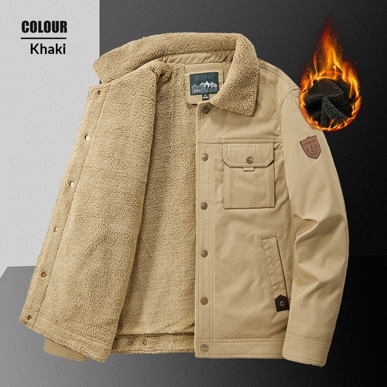 Washed Jacket For Men Fleece-lined And Thickened Lambswool Casual Style