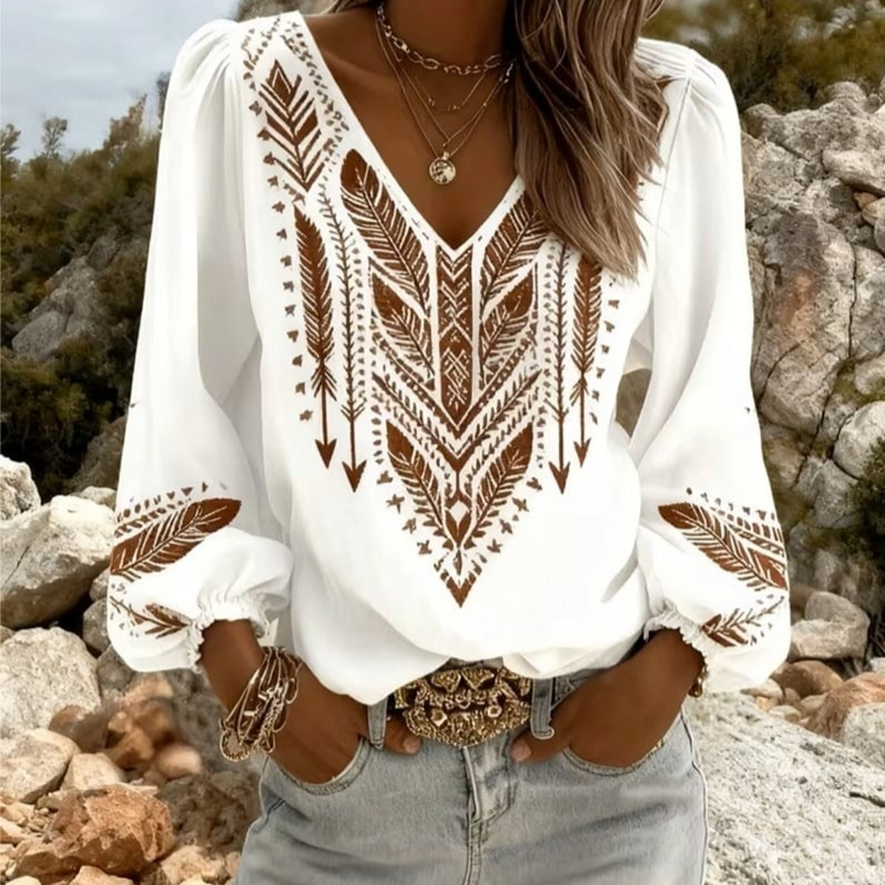 Plus-size V-neck Long-sleeve Printed Top For Women