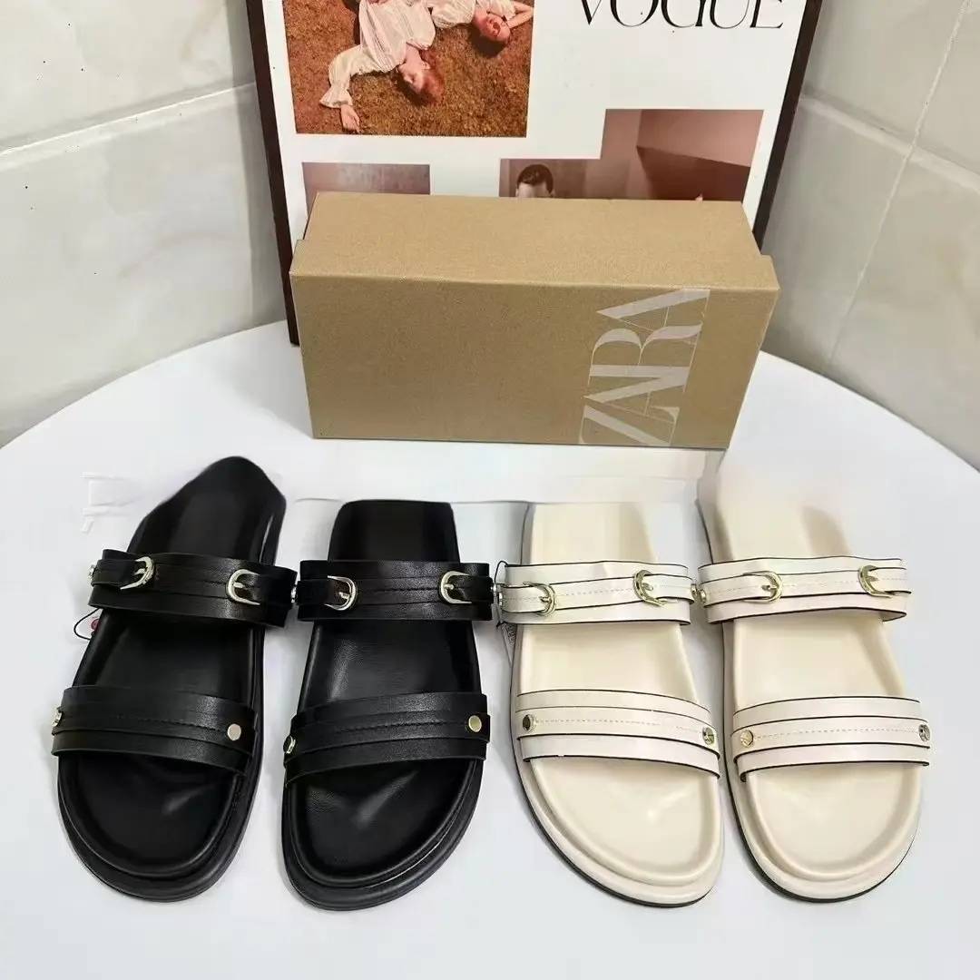 Women's Round-Toe Single-Strap Buckle-Details Fashionable Flat Sandals