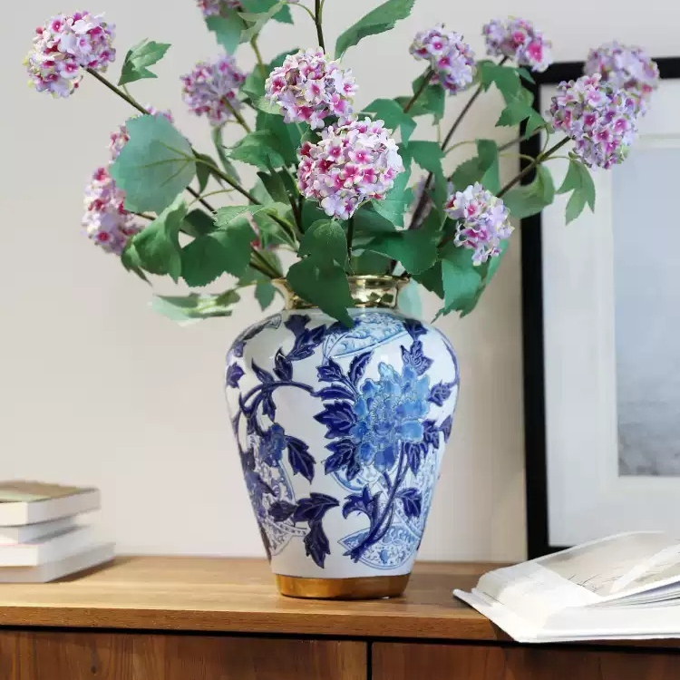Fuhan Jupin Hand-Painted Beijing Peony Blue-and-White Porcelain Plum Vase