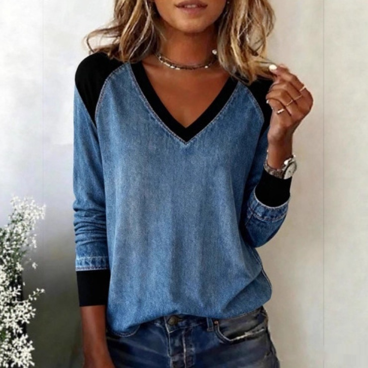 Women's Casual Loose V-Neck Contrast-Piece Patchwork Top