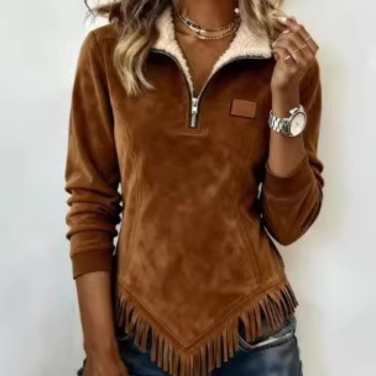 Suede-velvet Tassel Hem Long-sleeve Fur-collar Slim-fit Womens Top