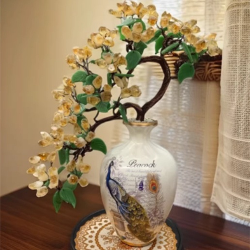Genuine Crystal Amethyst Treasure-bowl Ceramic Vase Citrine Wealth Tree Peacock Ornament - imagen 1