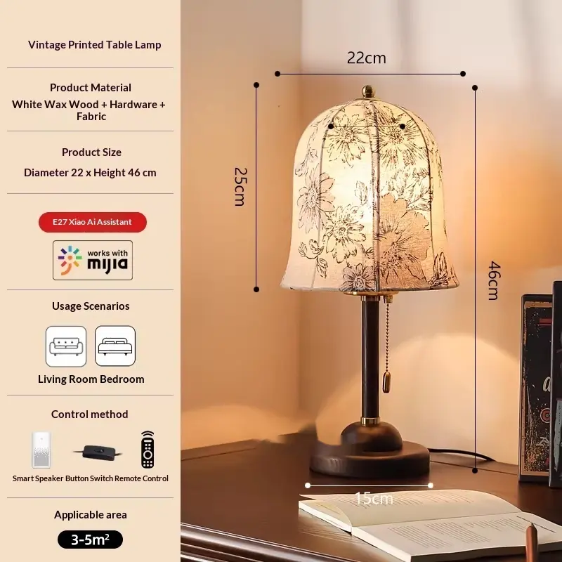 Retro Solid Wood Nostalgic Mid-Century Modern Fabric Ambient Table Lamp