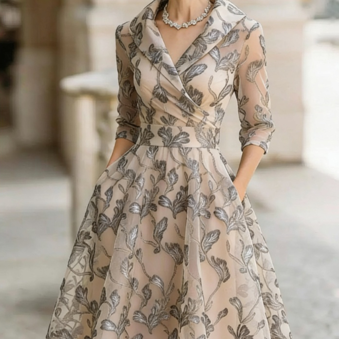 Printed V-neck Long-sleeve Dress Women