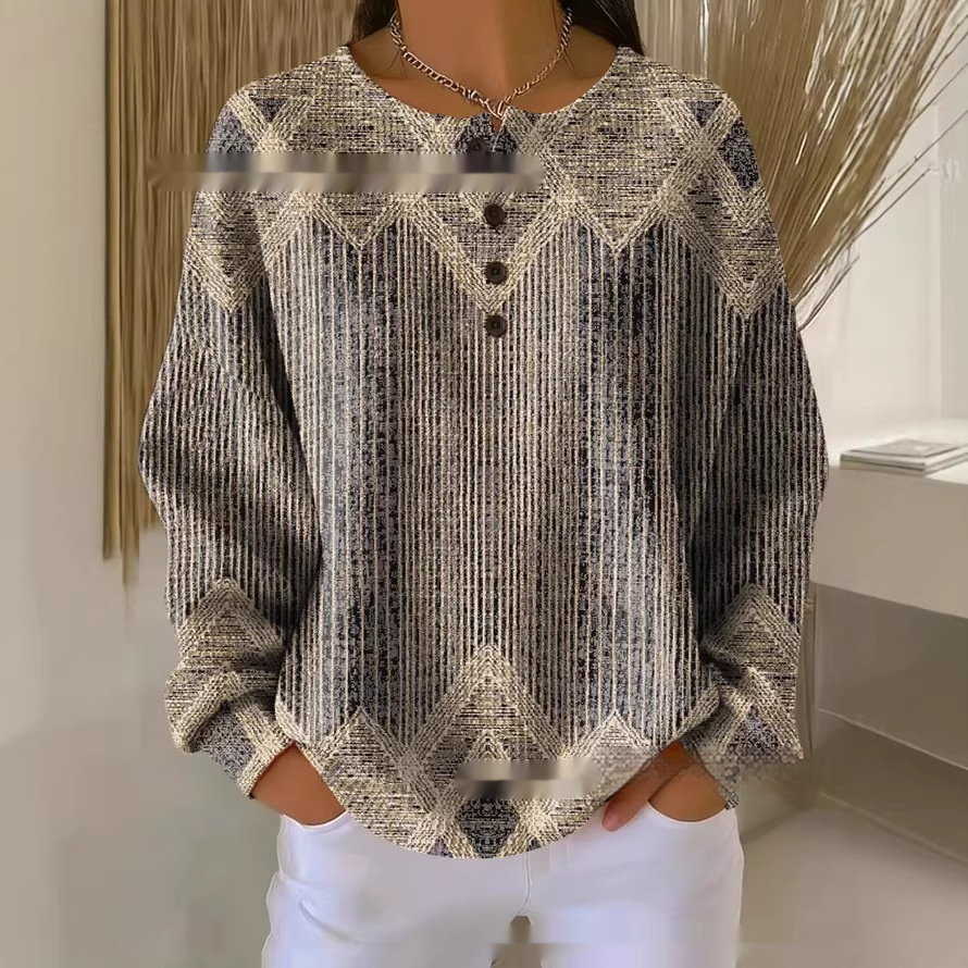 Retro Geometric 3D Digital Print Three-Button Stand-Up Collar Womens T-Shirt Top