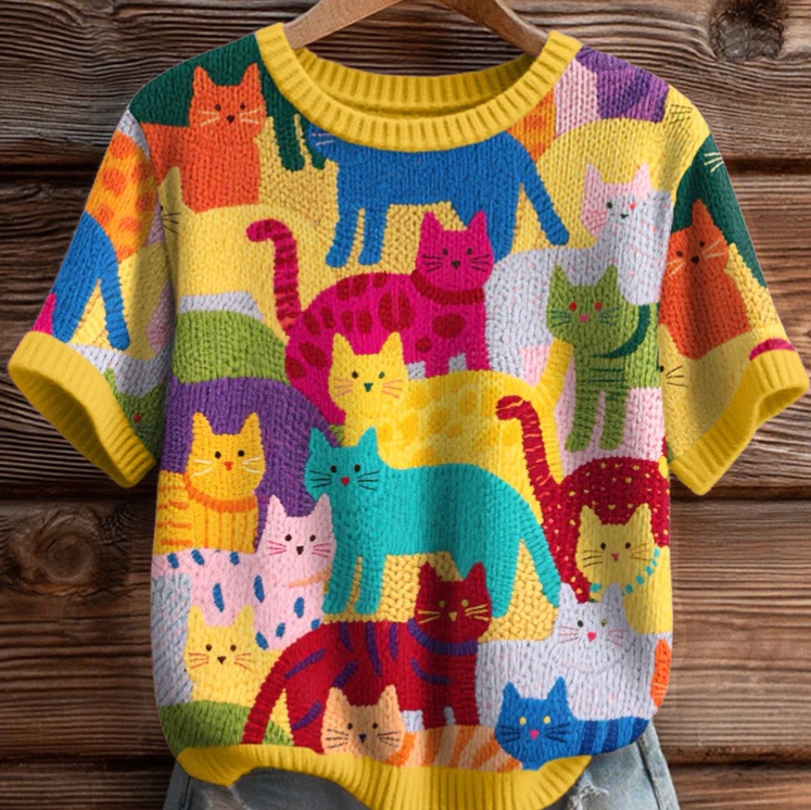 3D-printed Short-sleeve Top Crew-neck Loose-fit Chunky-knit Sweater For Women