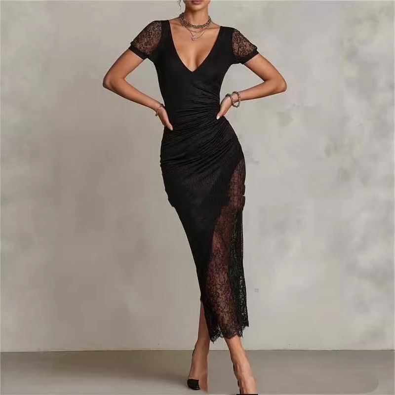 Lace Sheer Deep V-Neck Sexy Slim-Fit Fashionable Long Dress