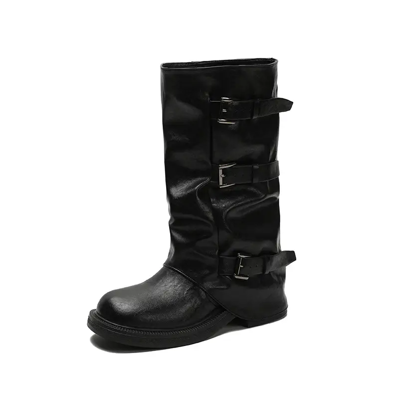 Belt-buckle Square-toe Pleated Mid-calf Womens Boots