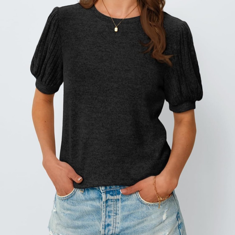Spring Summer Crew-Neck Solid-Color Elastic-Cuff Short-Sleeve Top