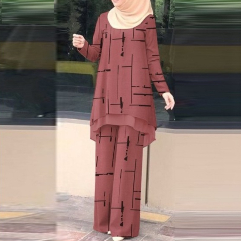 Womens Double-Layer Vertical Stripe Four-Way Stretch Printed Chiffon Set With Elastic Waistband