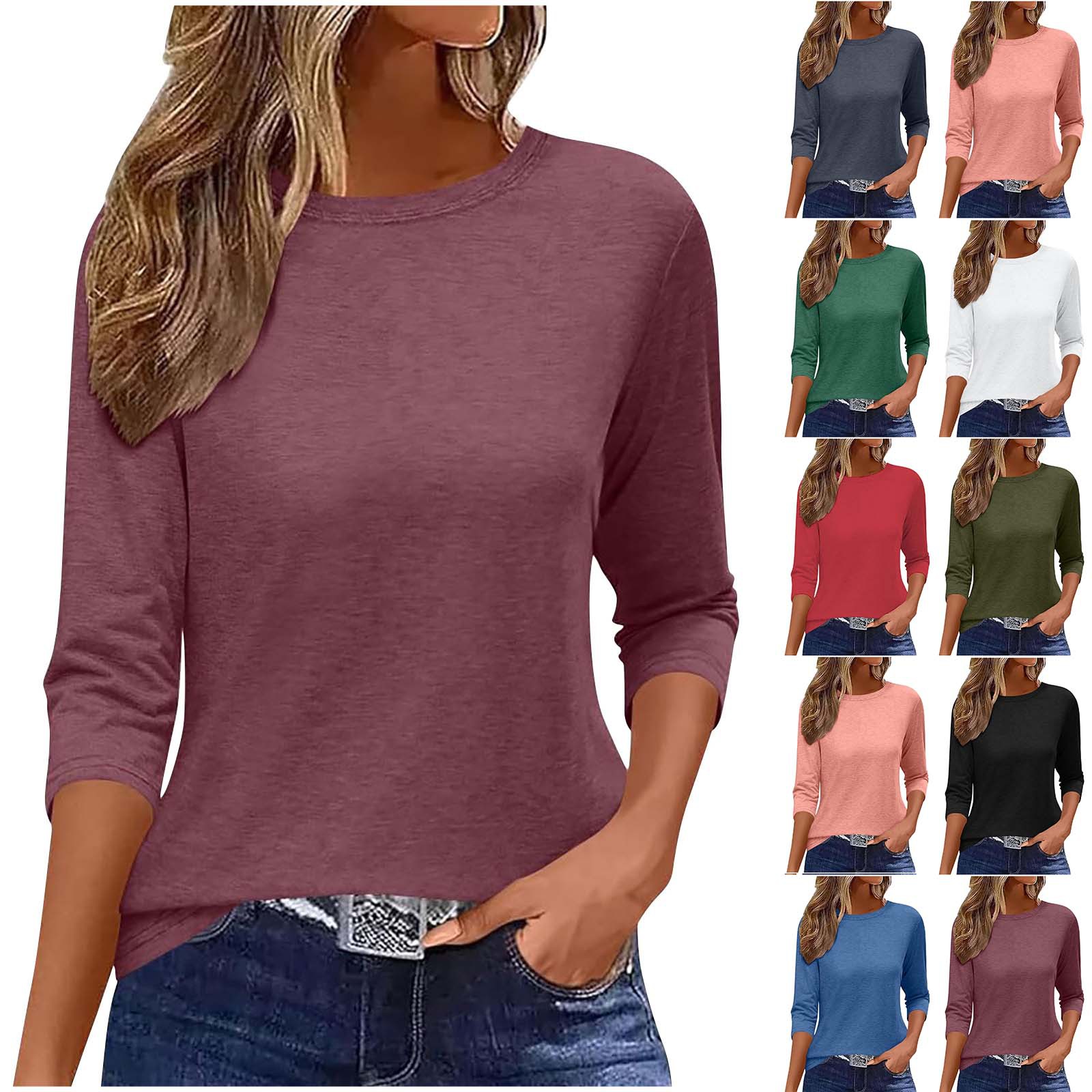 Summer Solid Color Round Neck Seven Quarter Sleeve Women's Casual T-shirt