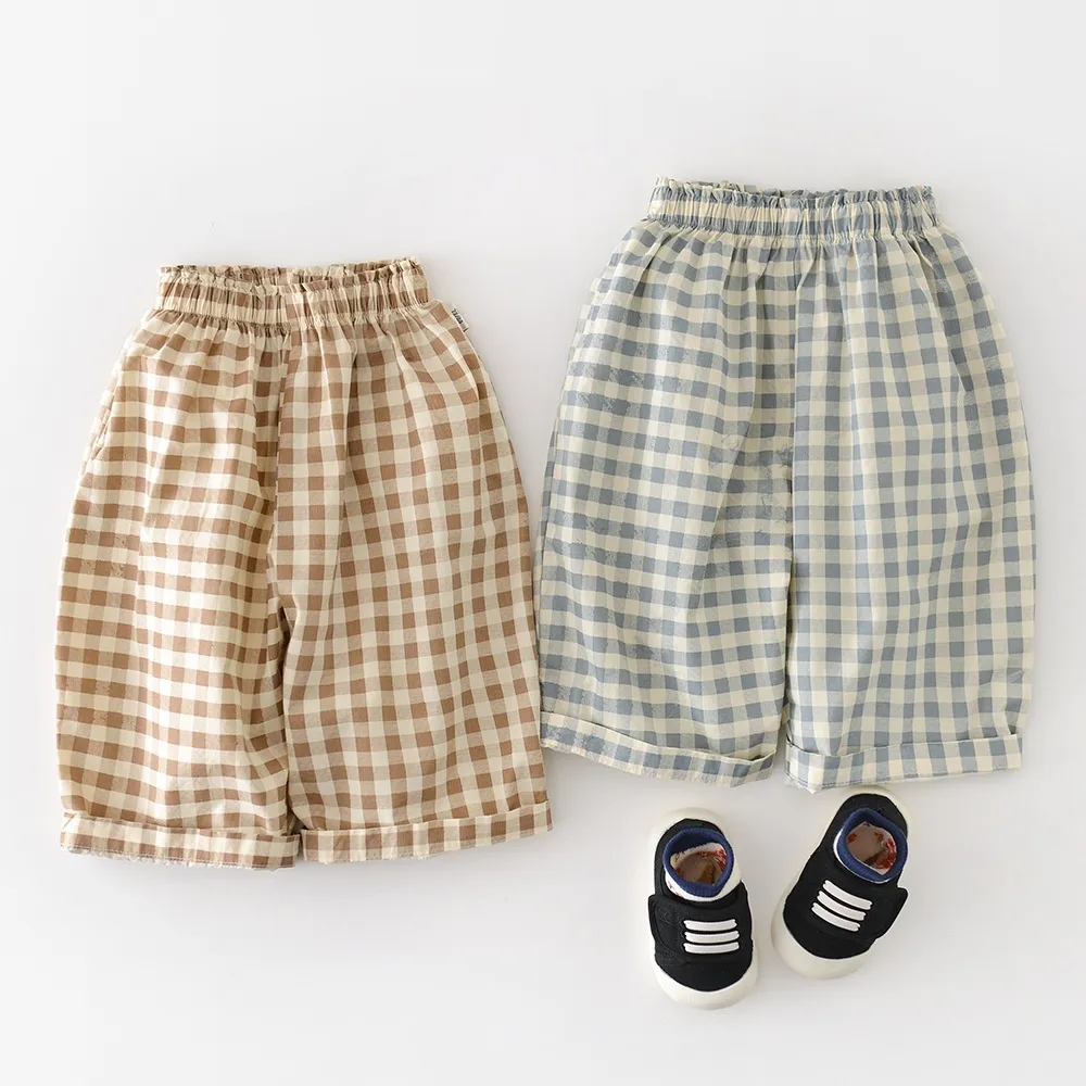 Boys Cotton Loose-fit Plaid Wide-leg Pants
