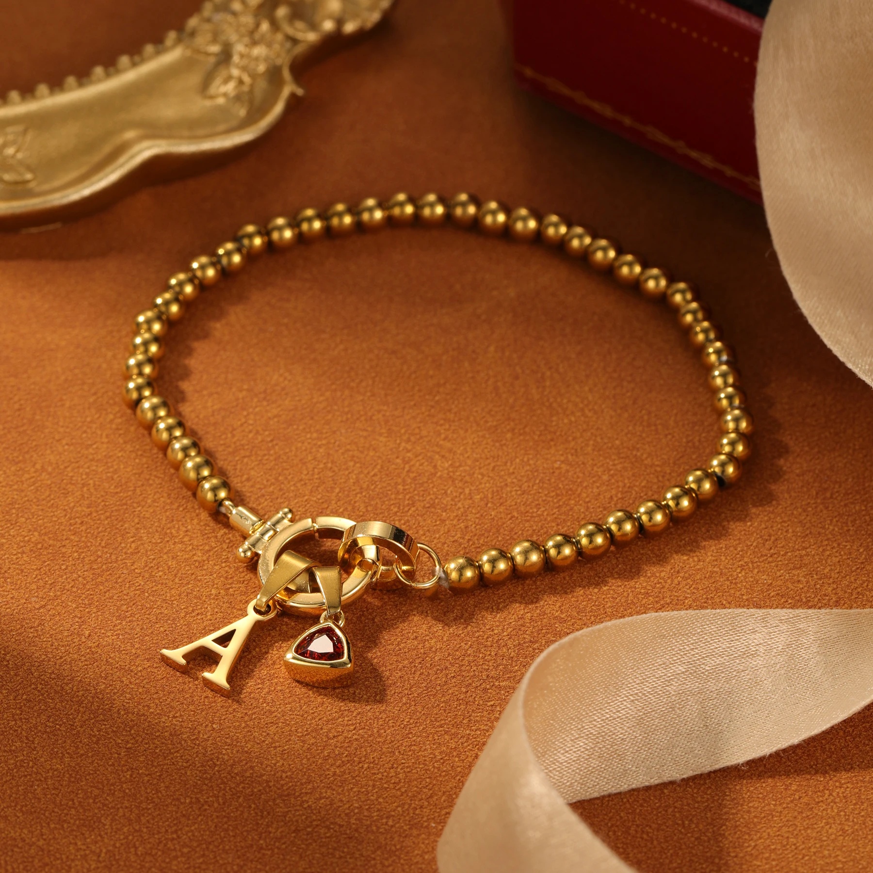 Customized Triangular Birthstone Bracelet Personalized Initial Letter Bead Elastic Cord Bracelet Christmas Gift for Daughter