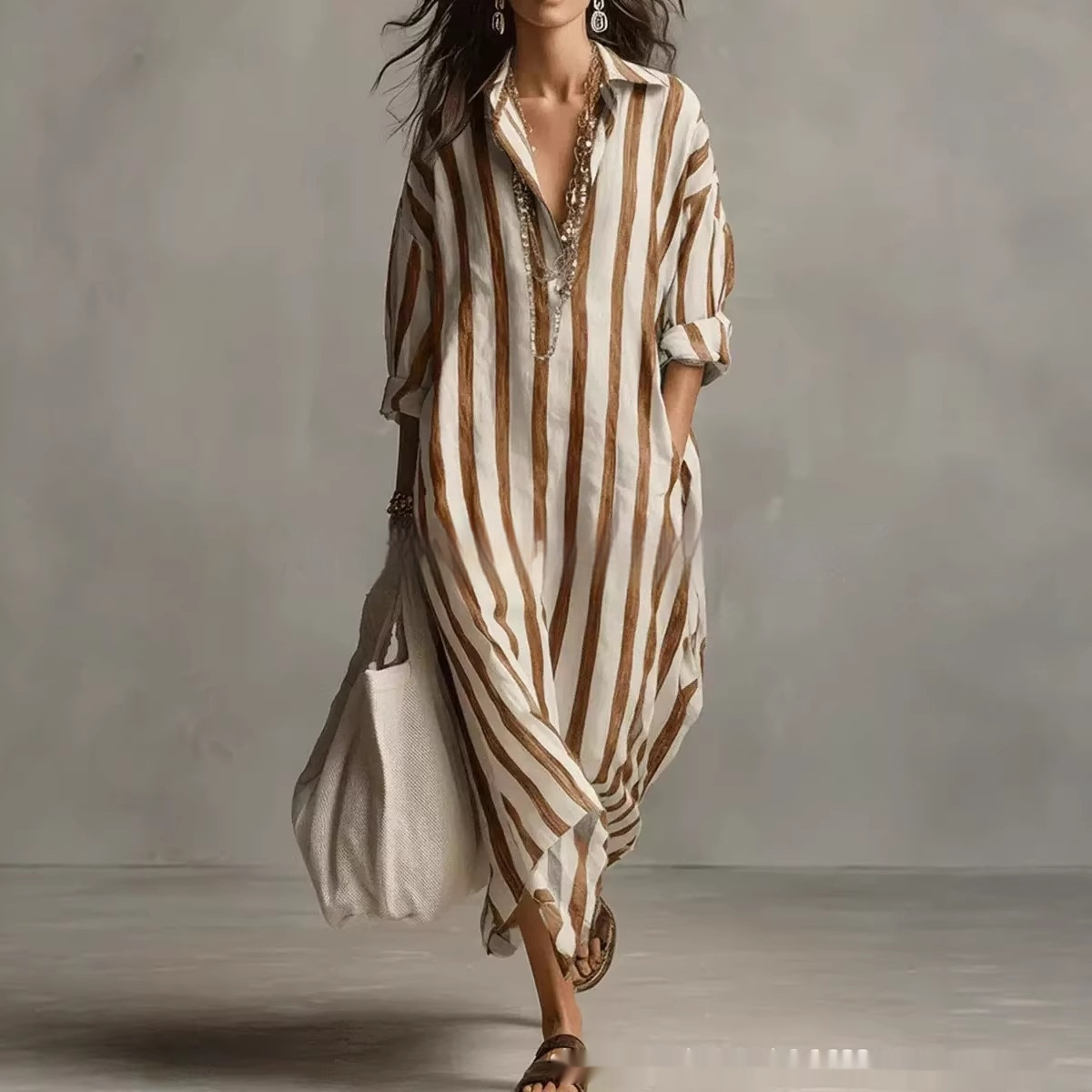 Striped Lapel-collar Dress With Side Slits And Pockets