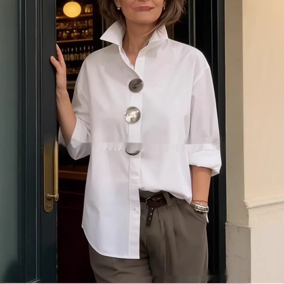 Womens Solid-Colored Stand-Up Collar Metal-Button Long-Sleeve Shirt
