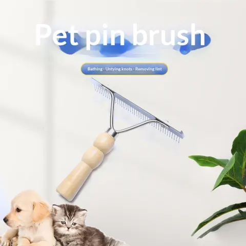 Pet Wooden-Handle Rake Comb for Large and Thick-Coated Dogs