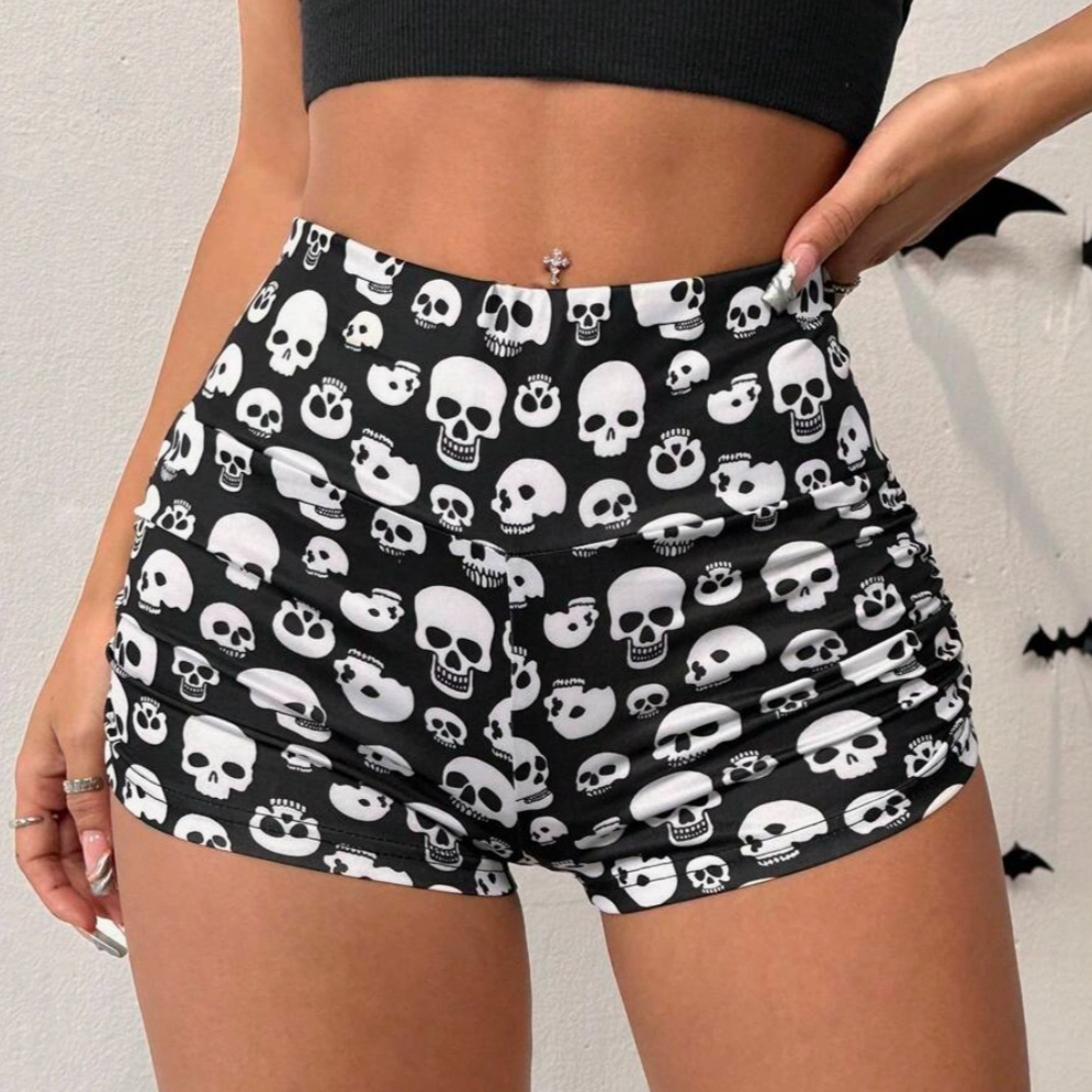 Halloween Skull Print Cropped Pleated Leggings