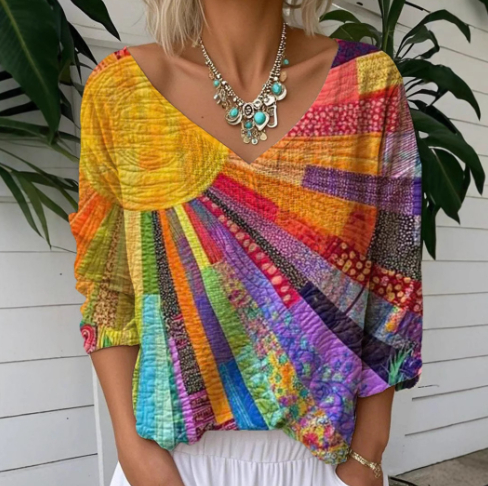 Womens Printed Casual Loose V-Neck Long-Sleeve Top