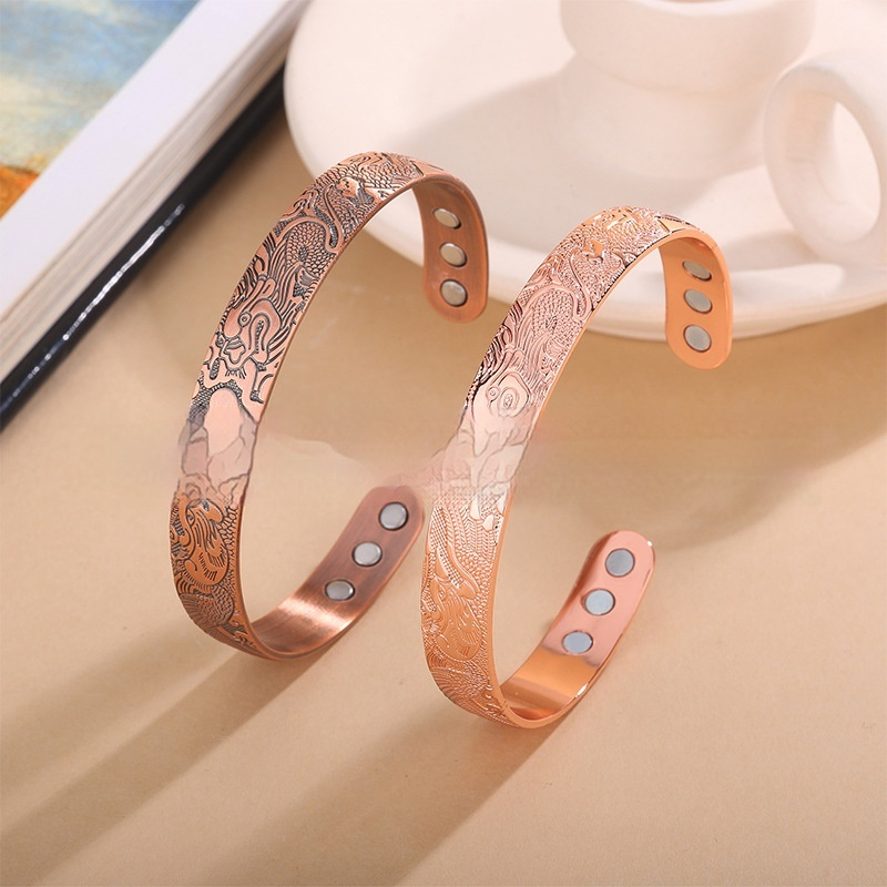 Dragon And Phoenix Pattern Vintage Solid Copper Magnetic Open-End Adjustable Bracelet For Men And Women
