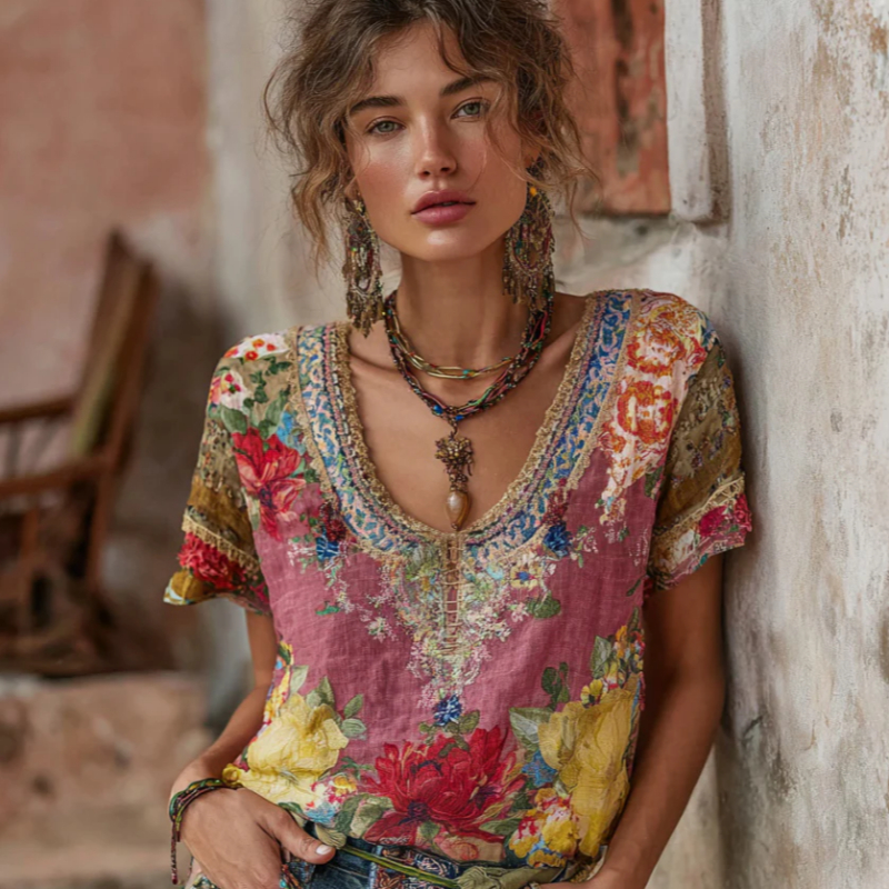 Printed Top Women's Patchwork Round-neck Pullover Stylish T-shirt