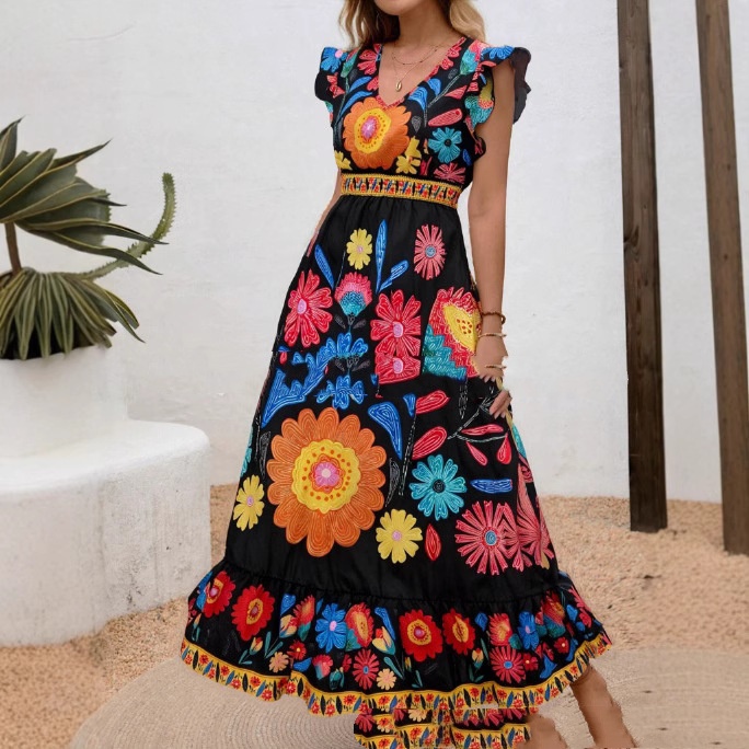 European And American-style V-neck Printed Dress