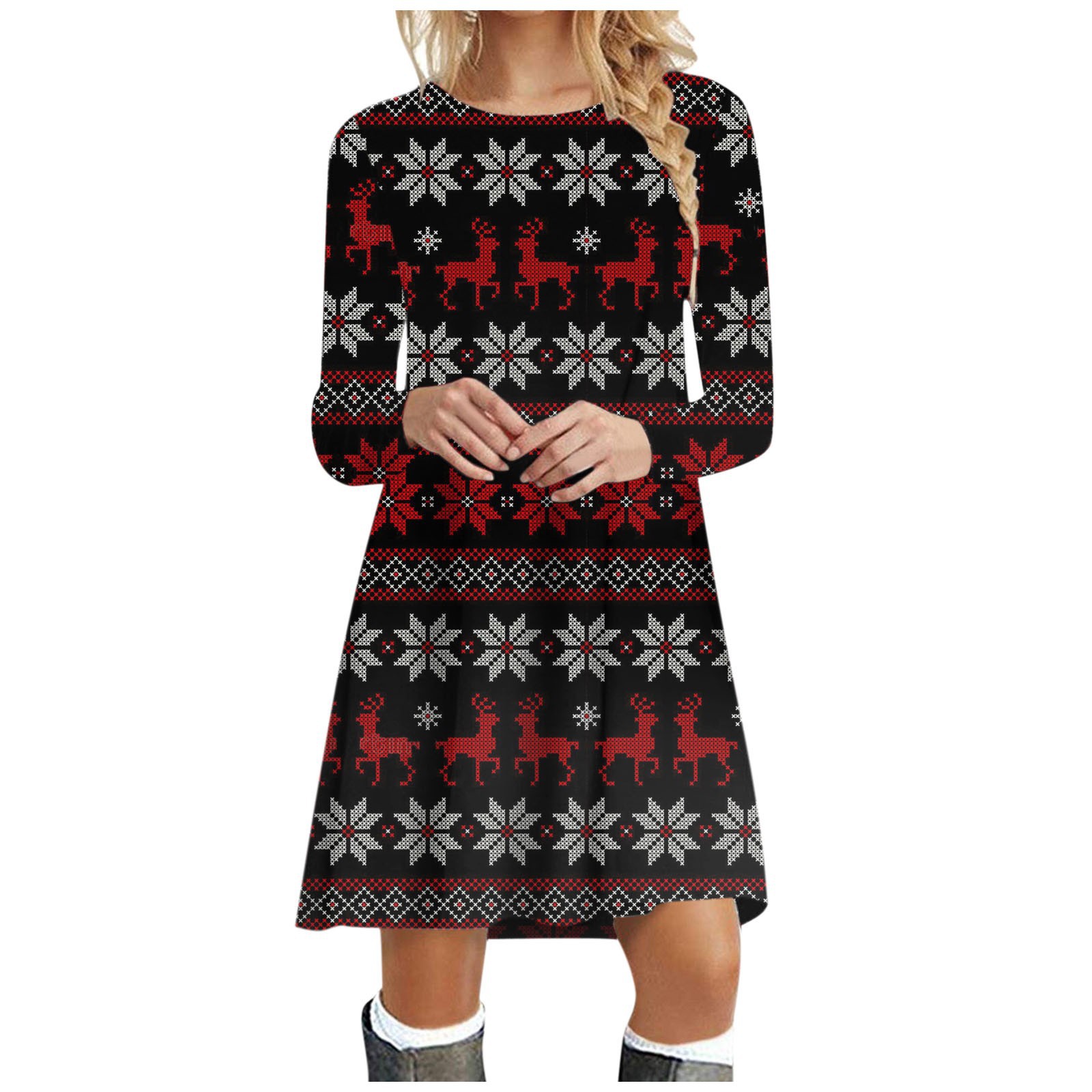 Womens Christmas Holiday 3D Printed Long-Sleeve Dress