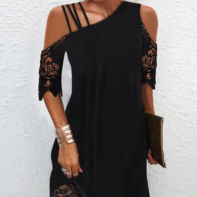 Women's Lace-spliced One-shoulder Dress