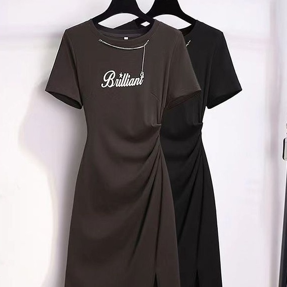 Cut-and-sew Irregularly Slit Casual Black Dress